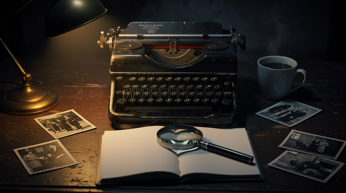 Vintage detective desk with typewriter and magnifying glass