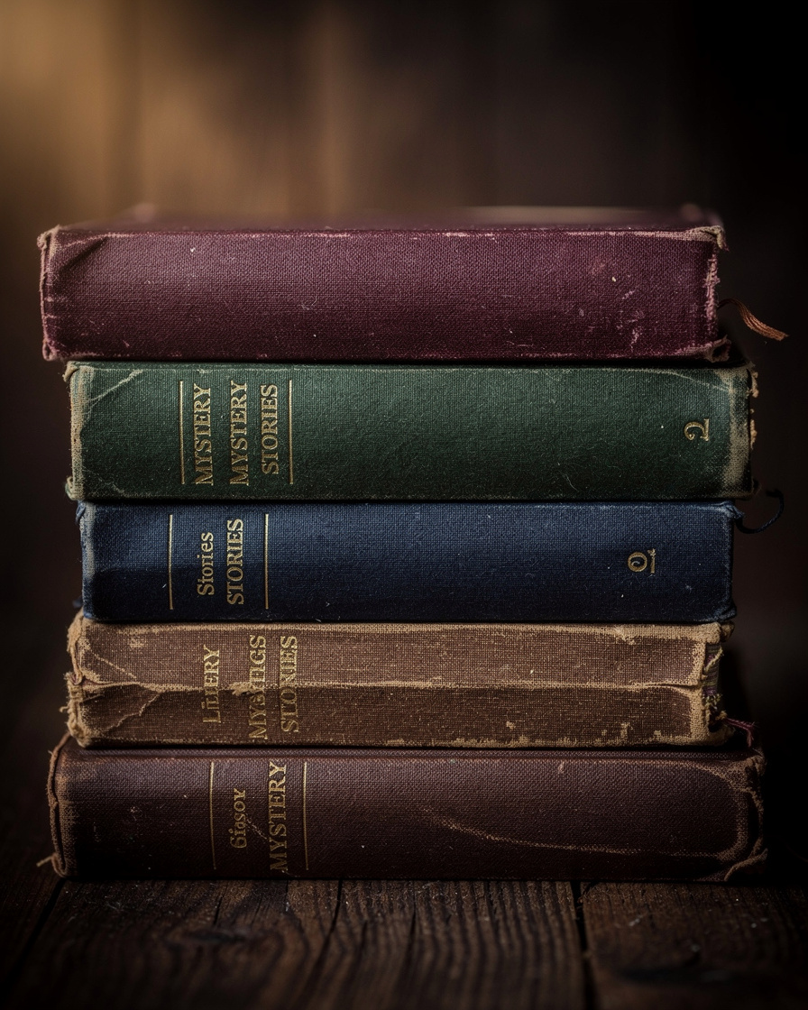 Stack of old hardcover mystery novels
