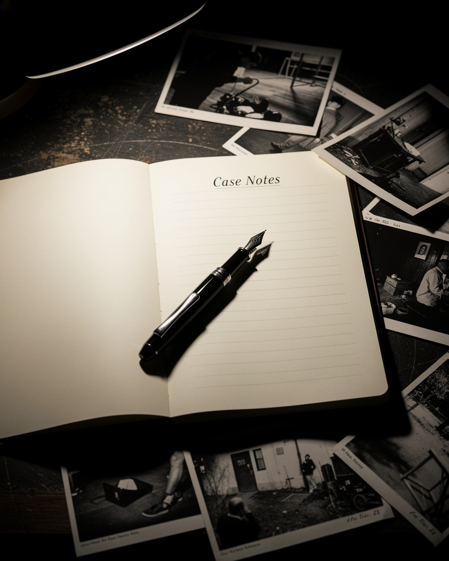 Open notebook with pen and case file photographs
